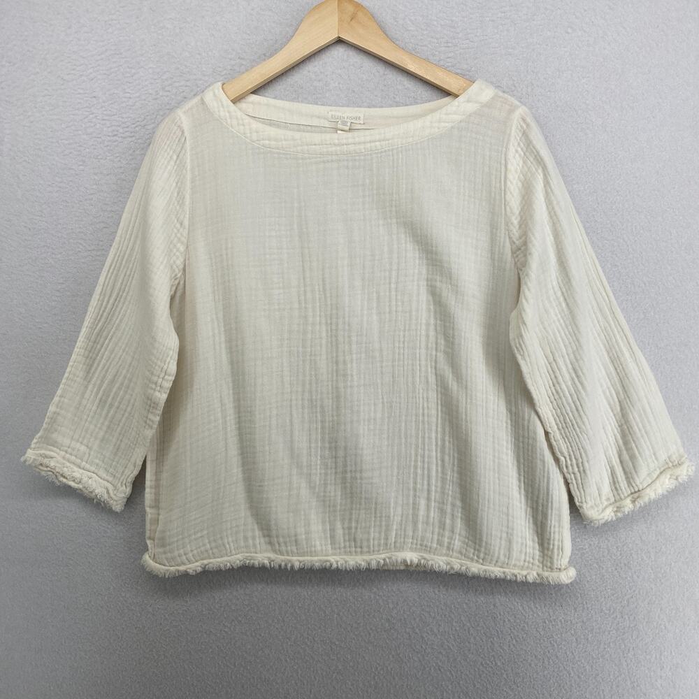 EILEEN FISHER Top S Organic Cotton Crinkle Gauze Boat Neck 3/4 Sleeve Off White